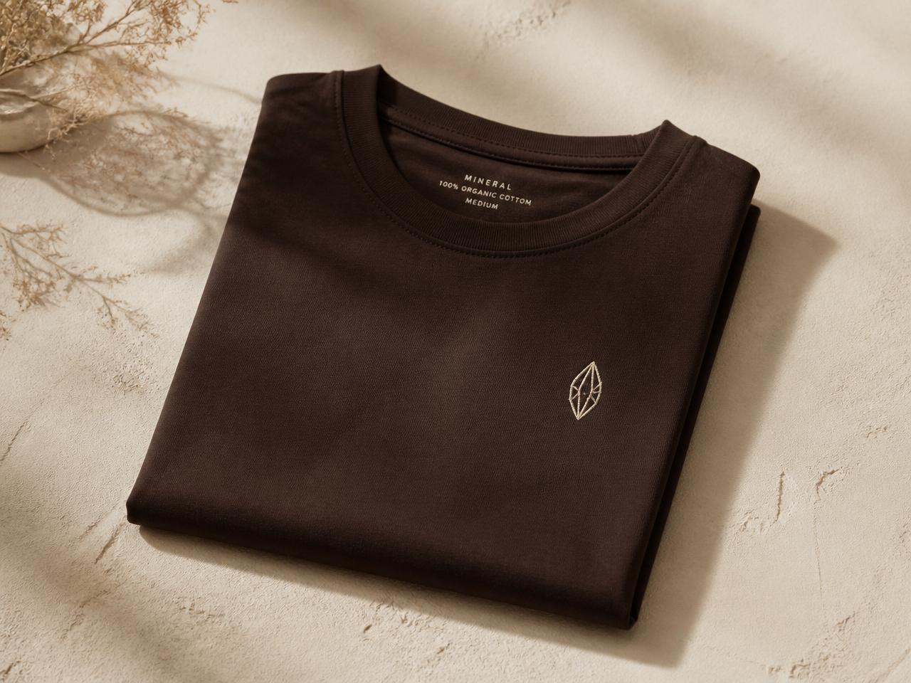 Folded espresso OPAL organic cotton tee with cream embroidered gem logo